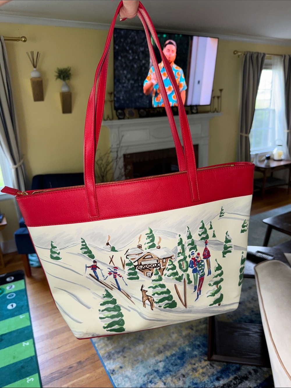 Talbots Red and Cream Winter Scene Tote - Picture 2 of 3